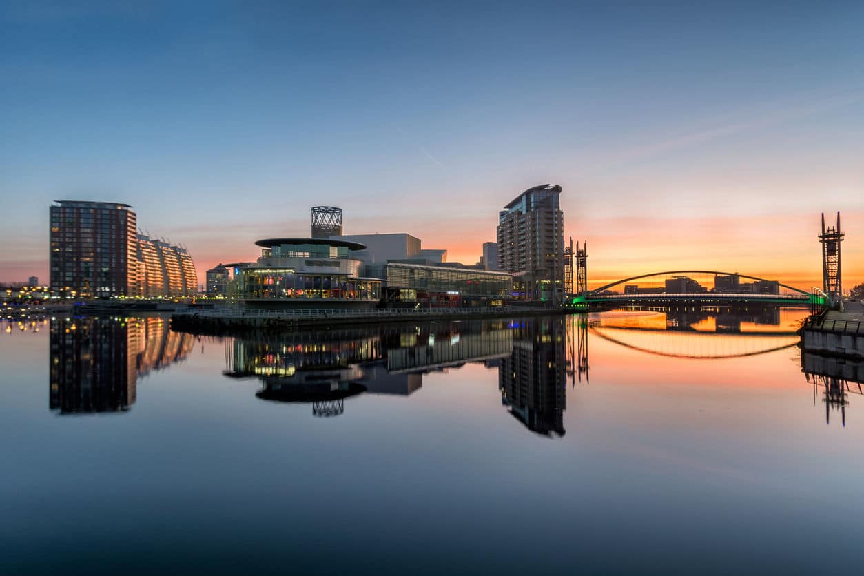Manchester Salford Quays skyline with sunset